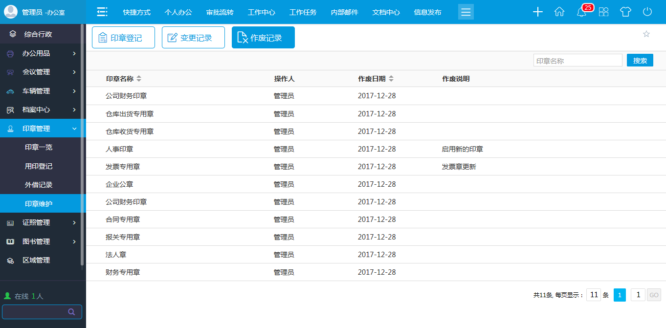 oa印章維護-進行新建、修改、作廢等維護操作