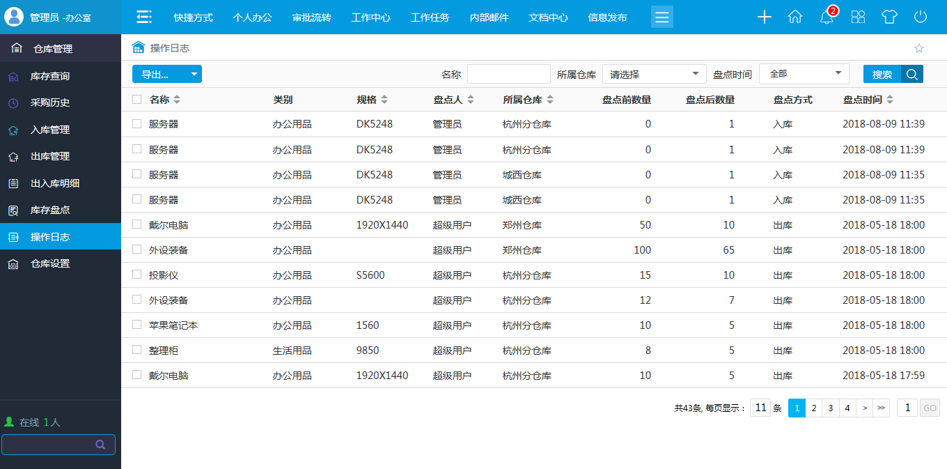 OA出庫(kù)管理-出庫(kù)登記-操作日志